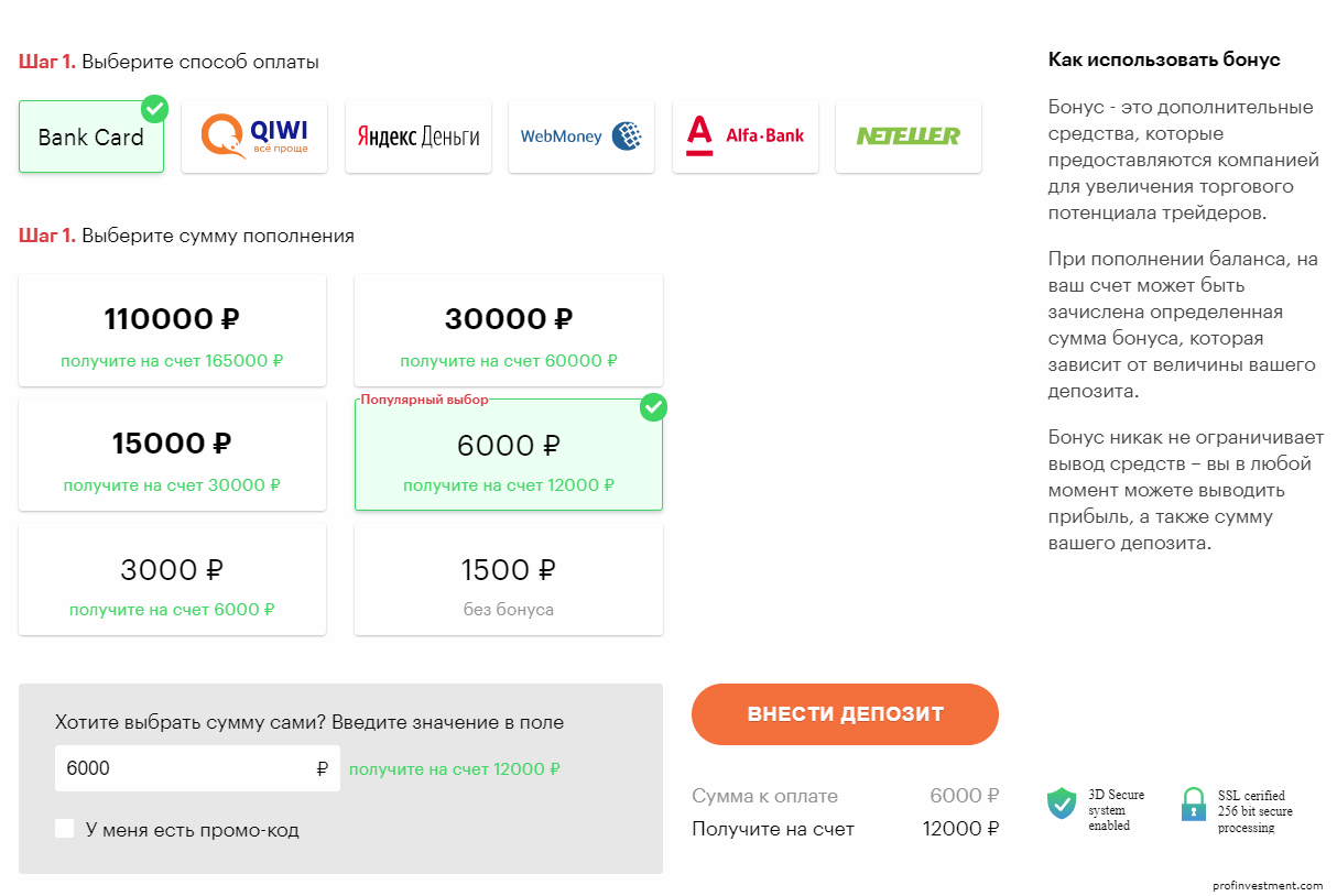 выбор способа ввода денег на платформу