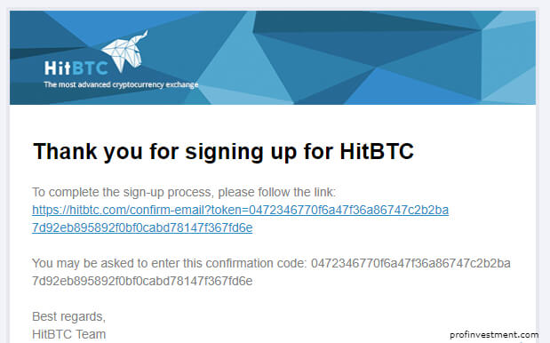 подтверждение регистрации на hitbtc.com