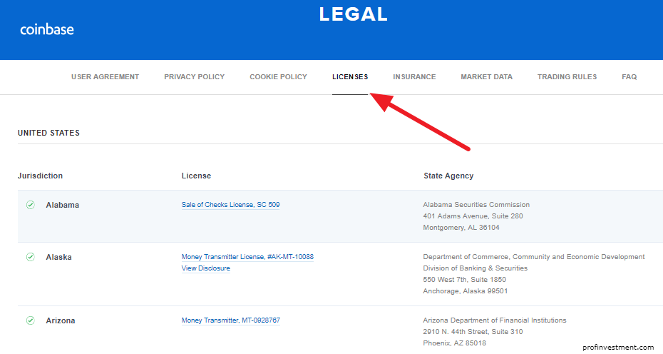 лицензии биржи coinbase