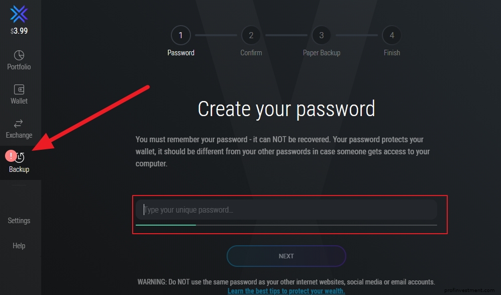 creating a password for the Exodus wallet