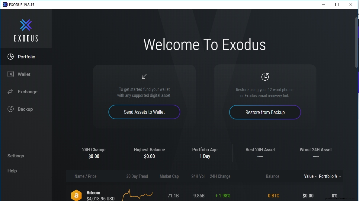 entrance to the Exodus cryptocurrency wallet