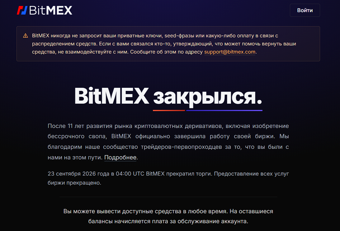 Официальное уведомление: Биржа BitMEX прекратила спотовую и фьючерсную торговлю, прием депозитов и открытие новых позиций.