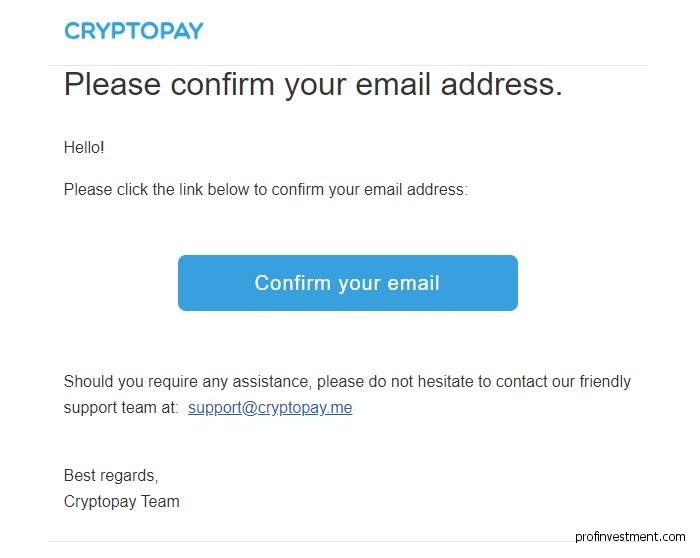 подтверждение регистрации на официальном сайте CryptoPay