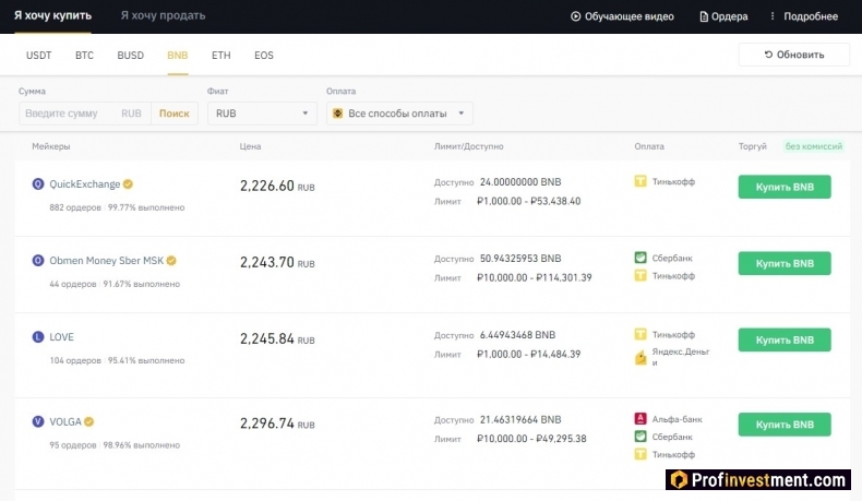 покупка и продажа BNB на платформе Binance P2P