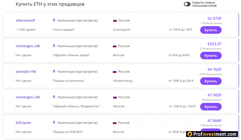 Предложения покупки криптовалюты Ethereum за наличные на p2p биржах