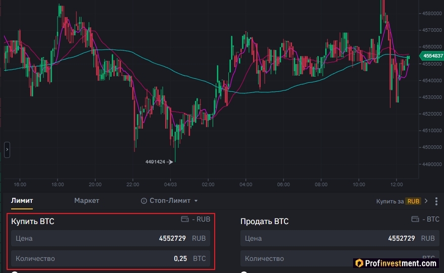 Создание ордера на покупку биткоина из торгового терминала биржи Binance