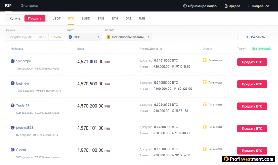 Продажа криптовалюты через Binance p2p
