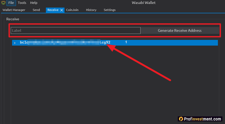 Wasabi Wallet - генерация адреса