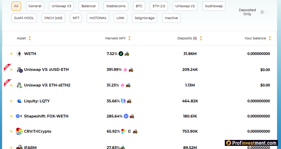 Активы на Harvest Finance