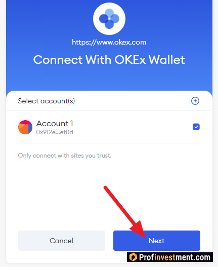 Подключение с помощью кошелька OKEx Wallet