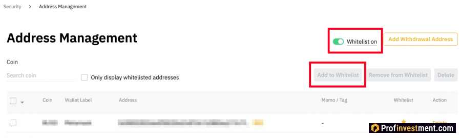 Белый список на Binance