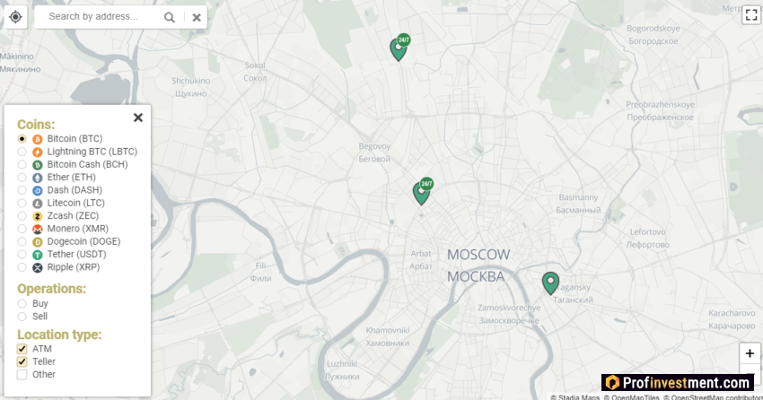 Поиск криптоматов в Москве
