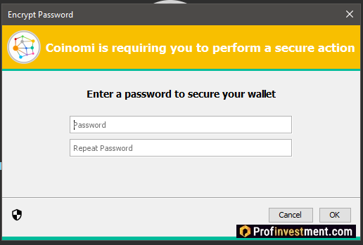 Установка пароля Coinomi 