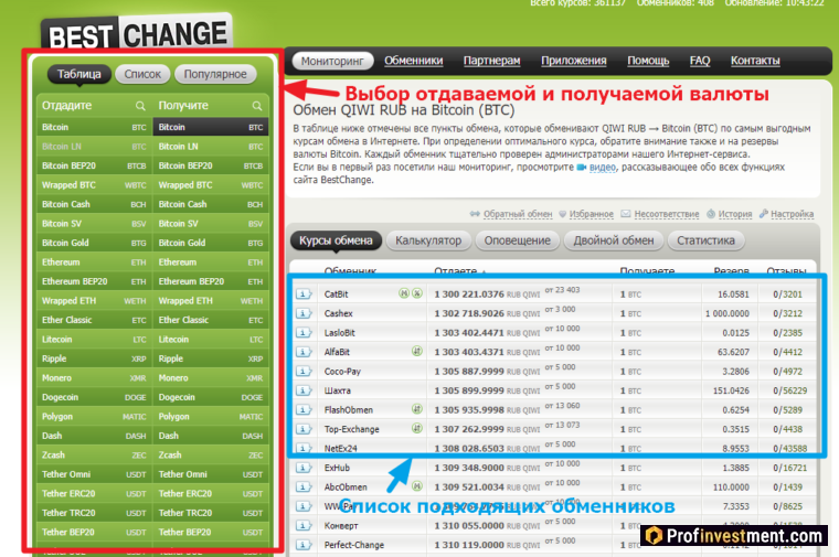 BestChange - интерфейс