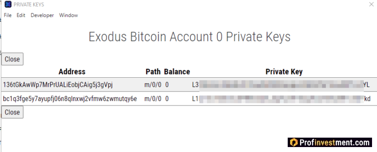 Окно с приватными ключами в Exodus