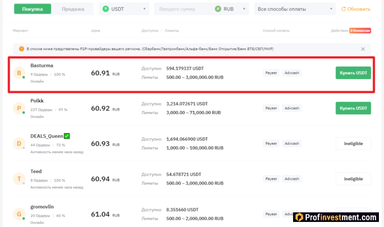 Bybit P2P - список предложений