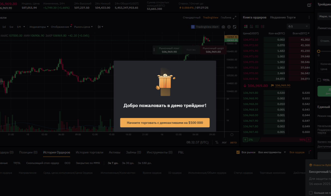 демо-счет на бирже Bybit