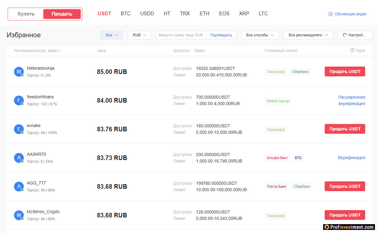 Продажа на Huobi P2P