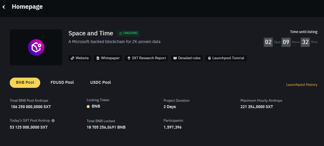 Токен Space and Time на платформе Launchpool