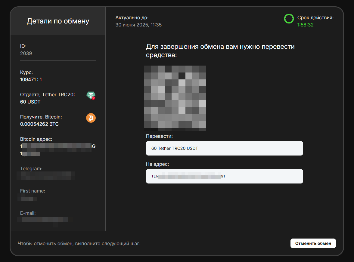 Bizon Exchange - окно оплаты заявки
