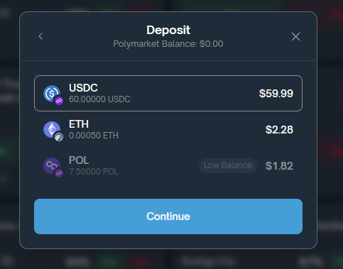 Polymarket - выбор валюты депозита