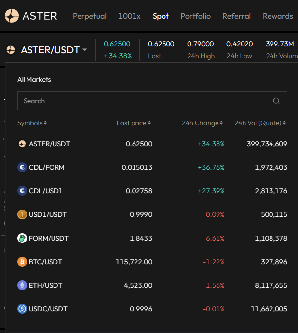Aster - выбор торговой пары