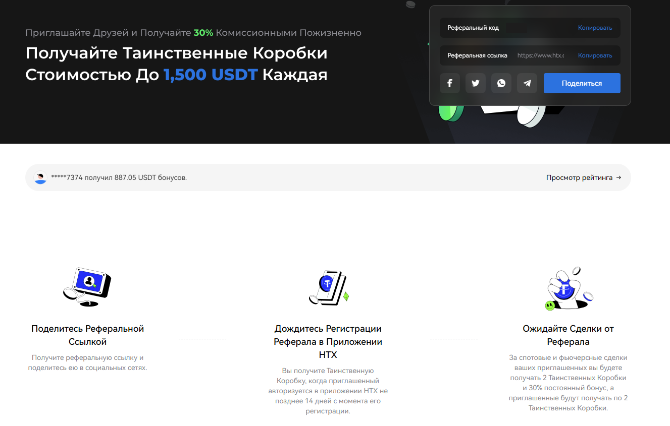 HTX - страница реферальной программы