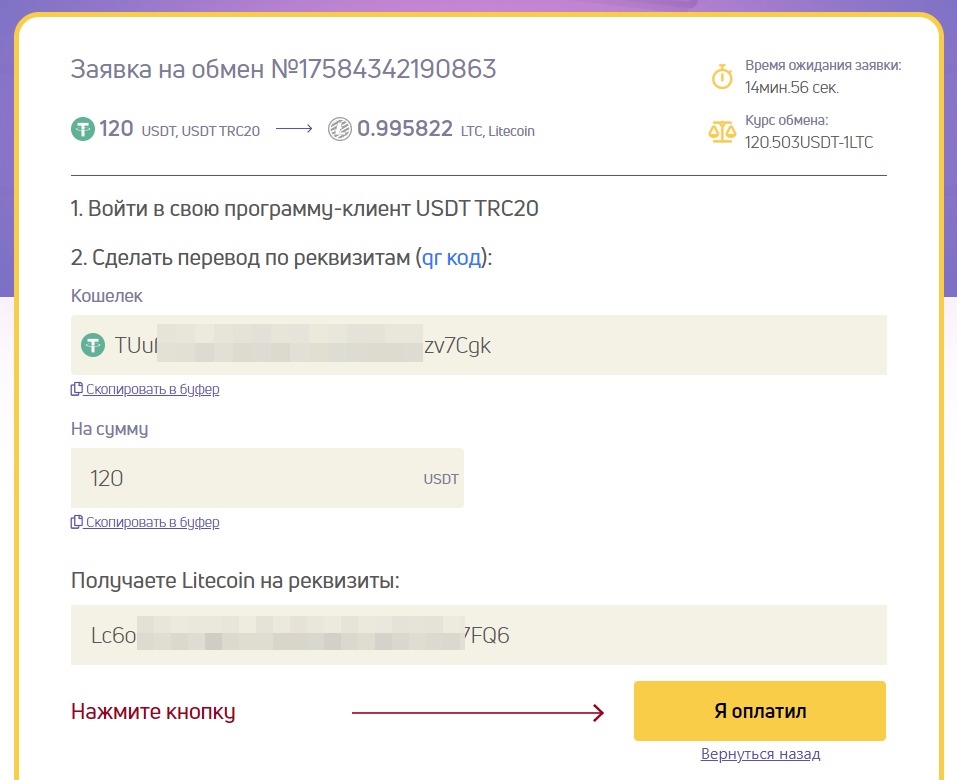 MultiXchange - страница оплаты
