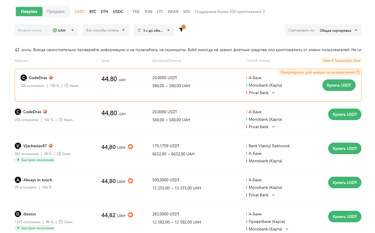 Bybit P2P с гривнами и USDT