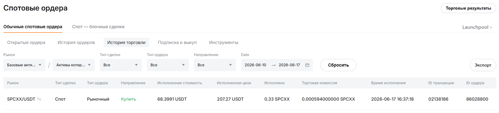 сделка в истории ордеров