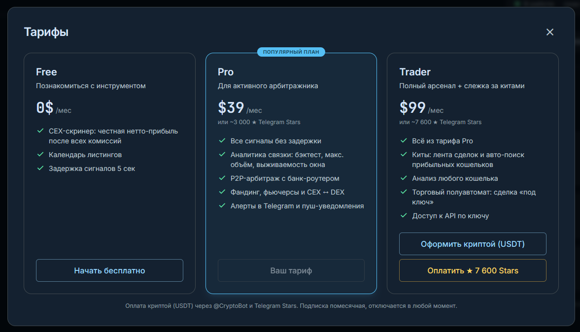 Arb Scanner - тарифы